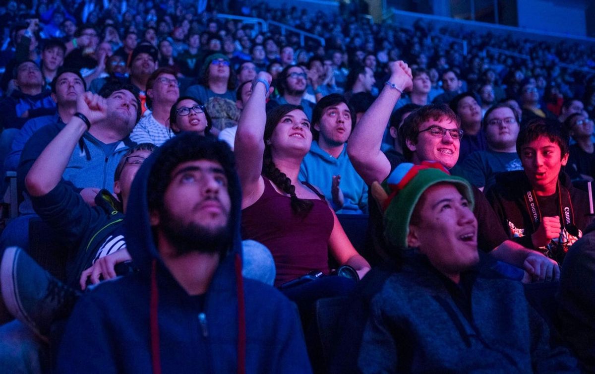Nov 22, 2015; San Jose, CA, USA; Fans cheer during the ESL Intel Extreme Masters Counter-Strike Global Offensive Tournament  at SAP Center. Natus Vincere beat Team Liquid to advance to the finals. Mandatory Credit: Neville E. Guard-Imagn Images