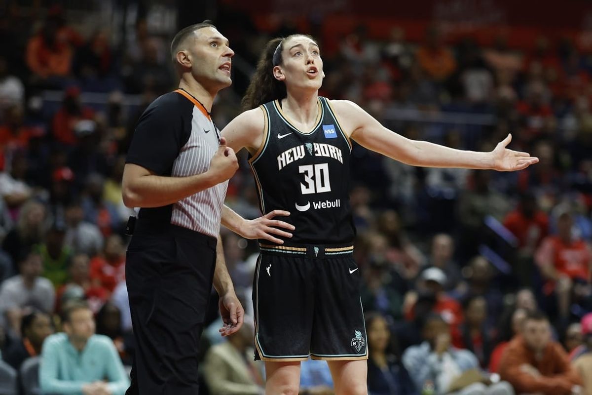 May 19, 2023; Washington, District of Columbia, USA; New York Liberty forward Breanna Stewart (30) argues with referee Ryan Sassano (L) after being called for a foul against the Washington Mystics in the third quarter at Entertainment & Sports Arena.