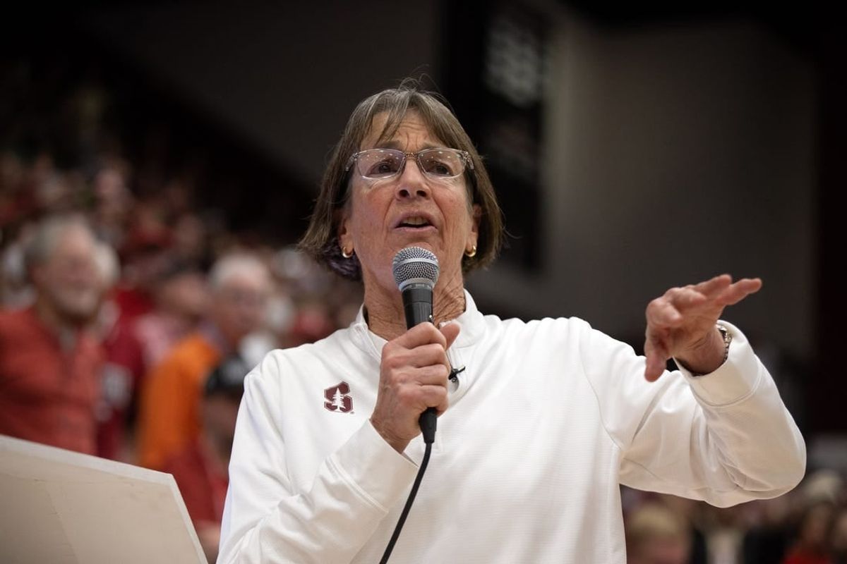 Jan 21, 2024; Stanford, California, USA; Stanford Cardinal head coach Tara VanDerveer addresses the crowd at Maples Pavilion following her record-setting 1,203rd collegiate coaching victory, a 65-56 win over the Oregon State Beavers.