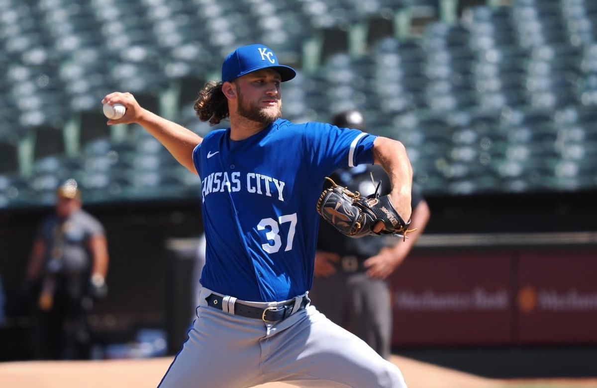 Aug 23, 2023; Oakland, California, USA; Kansas City Royals relief pitcher Jackson Kowar (37) pitches the ball against the Oakland Athletics during the eighth inning at Oakland-Alameda County Coliseum.