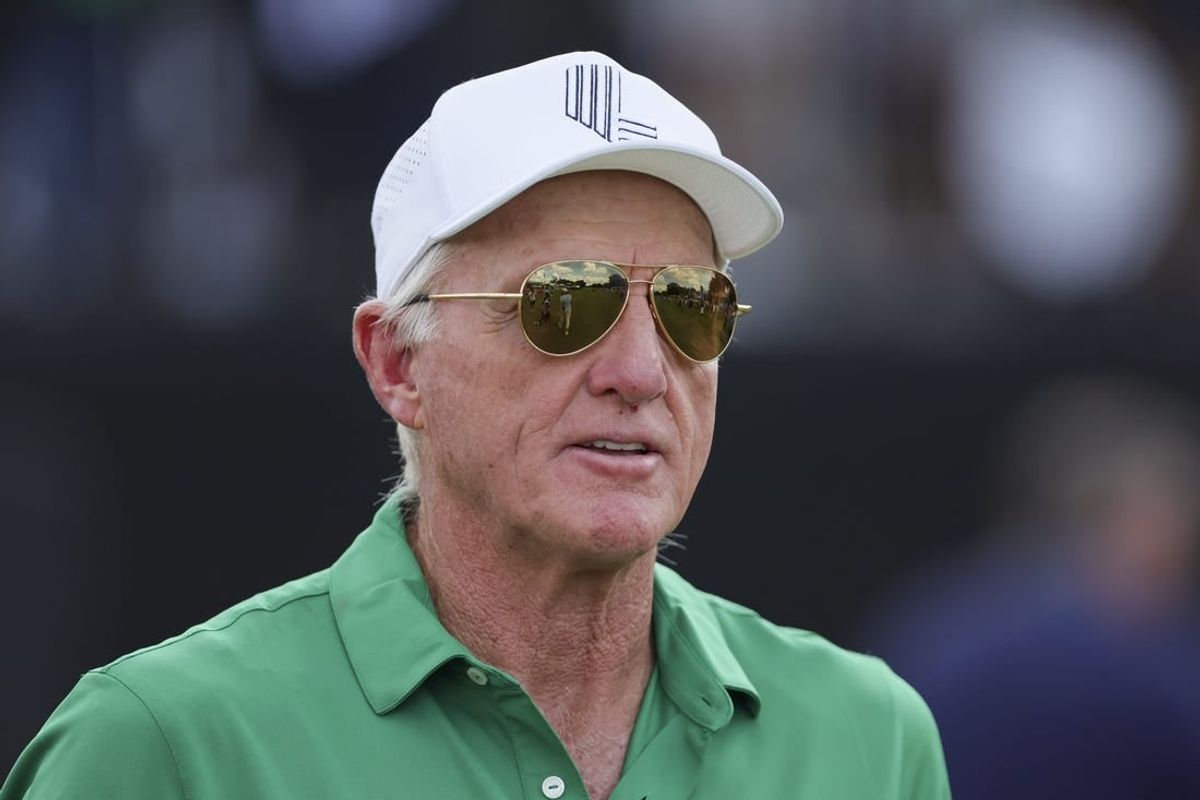 Oct 20, 2023; Doral, Florida, USA; LIV Golf CEO and commissioner Greg Norman looks on during the first round of the LIV Golf Miami golf tournament at Trump National Doral.