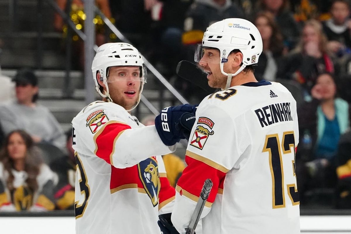 Jan 4, 2024; Las Vegas, Nevada, USA; Florida Panthers center Sam Reinhart (13) celebrates with Florida Panthers center Carter Verhaeghe (23) after scoring a goal against the Vegas Golden Knights during the third period at T-Mobile Arena.