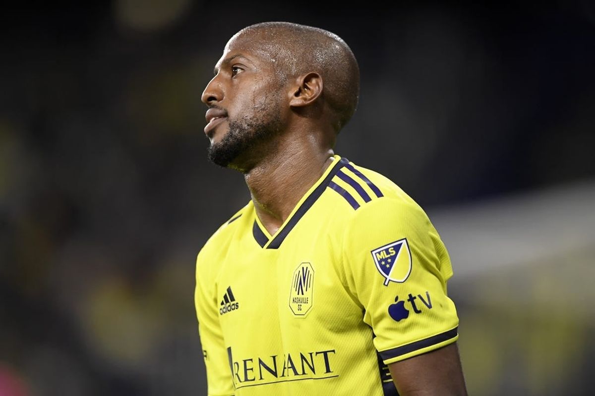 Nov 7, 2023; Nashville, Tennessee, USA; Nashville SC midfielder Fafa Picault (7) reacts in the second half against the Orlando City  at Geodis Park.