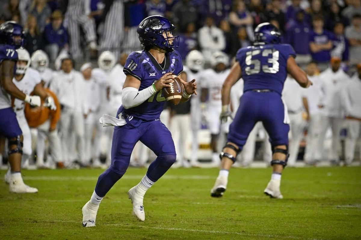 Nov 11, 2023; Fort Worth, Texas, USA; TCU Horned Frogs quarterback Josh Hoover (10) in action during the game between the TCU Horned Frogs and the Texas Longhorns at Amon G. Carter Stadium.