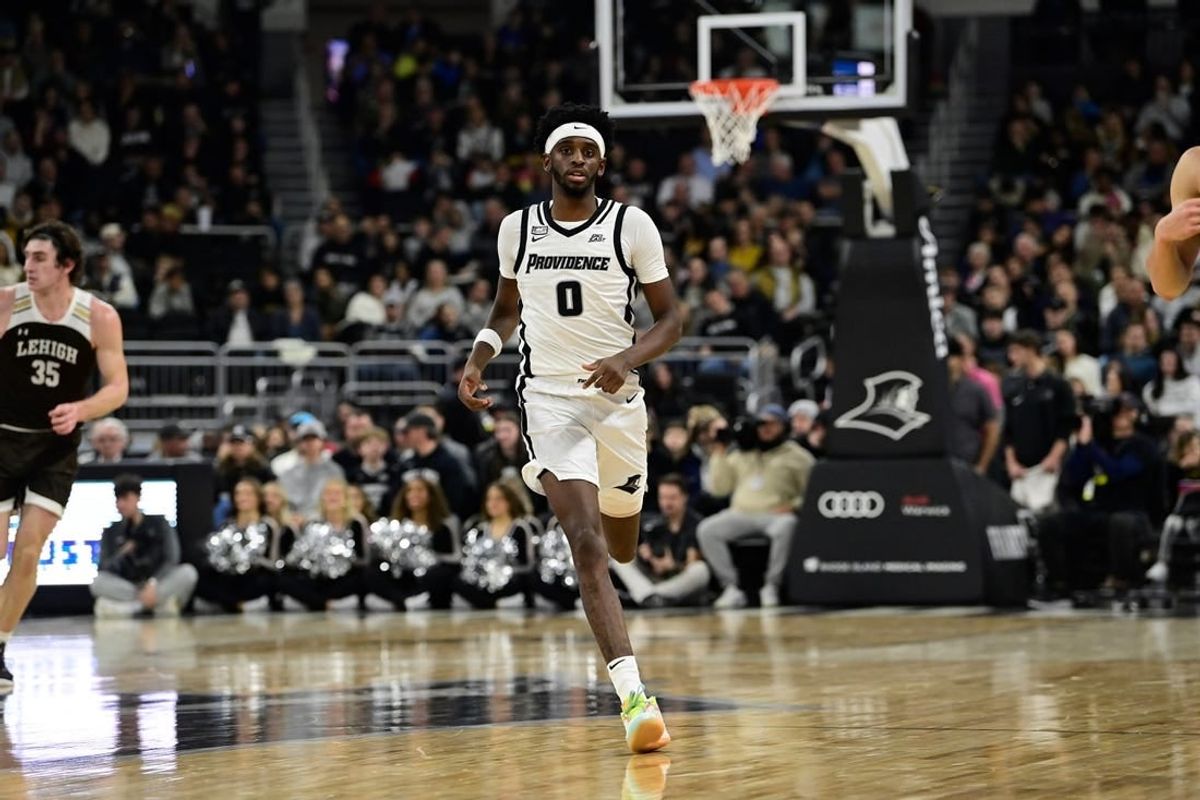 Nov 24, 2023; Providence, Rhode Island, USA; Providence Friars guard Davonte Gaines (0) runs up the court during the second half against the Lehigh Mountain Hawks at Amica Mutual Pavilion.