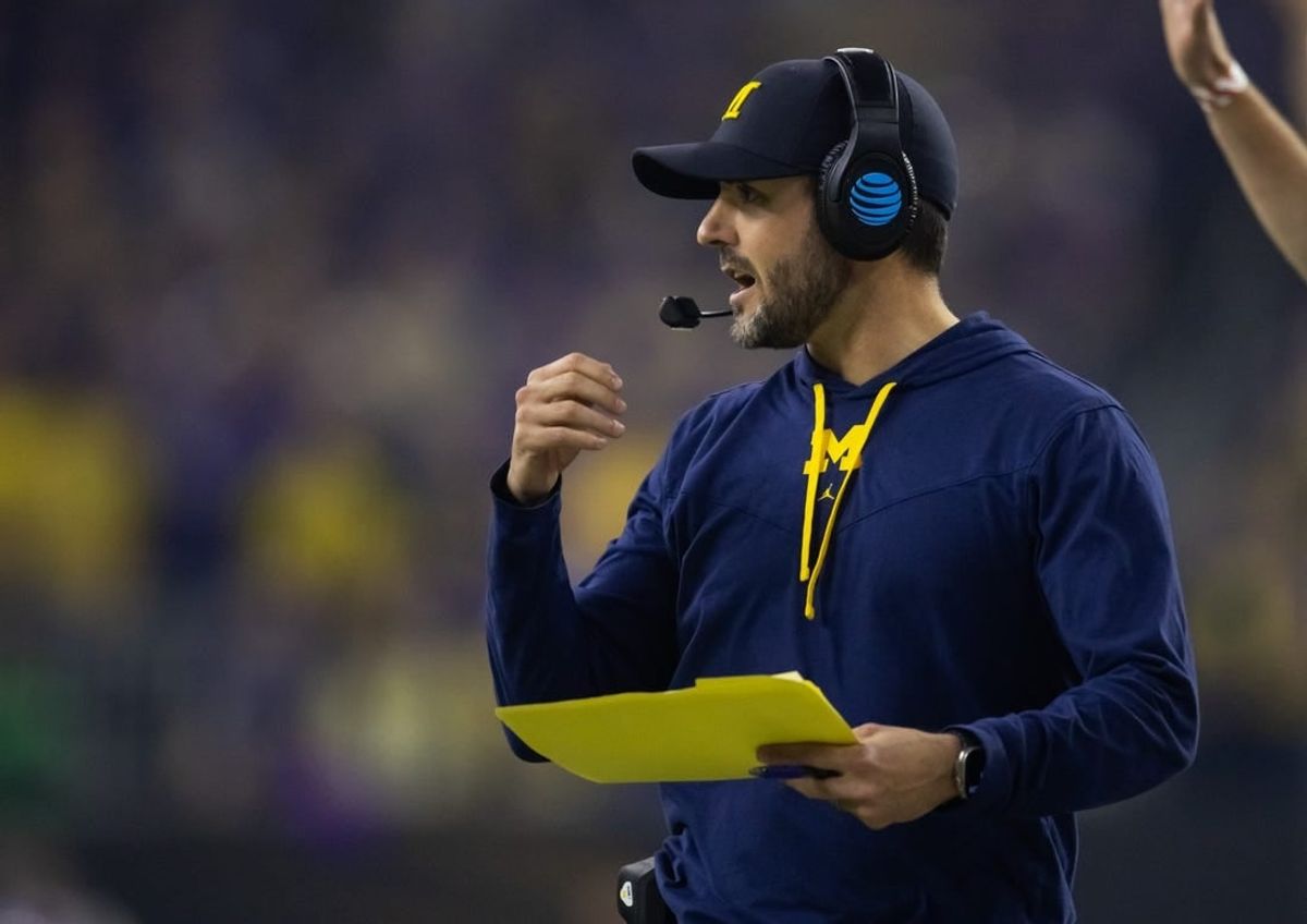 Jan 8, 2024; Houston, TX, USA; Michigan Wolverines defensive coordinator Jesse Minter against the Washington Huskies during the 2024 College Football Playoff national championship game at NRG Stadium.