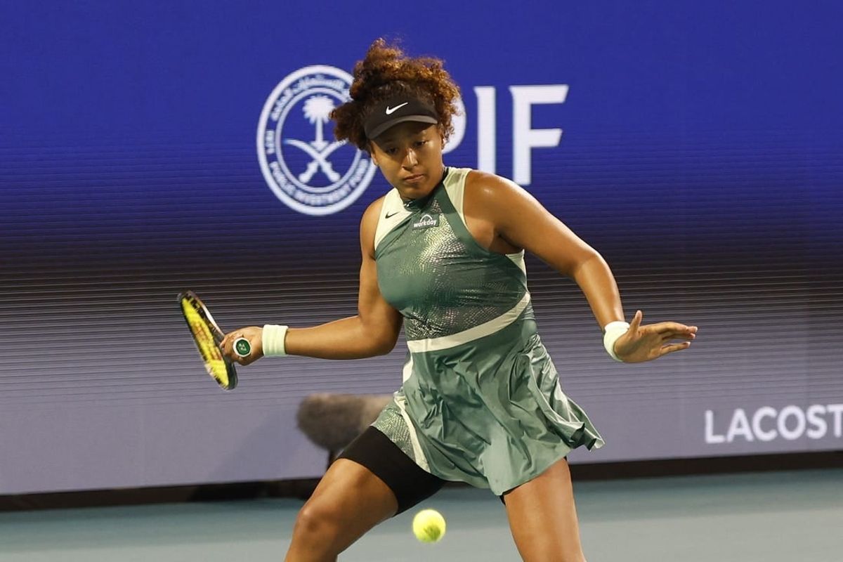 Mar 20, 2024; Miami Gardens, FL, USA; Naomi Osaka (JPN) hits a forehand against Elisabetta Cocciaretto (ITA) (not pictured) on day three of the Miami Open at Hard Rock Stadium.