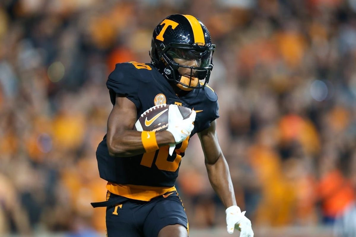 Sep 30, 2023; Knoxville, Tennessee, USA; Tennessee Volunteers wide receiver Squirrel White (10) runs the ball against the South Carolina Gamecocks during the first half at Neyland Stadium.