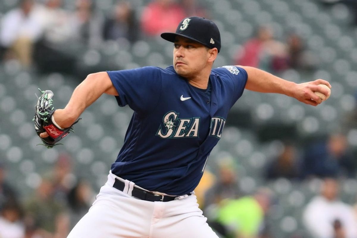May 23, 2023; Seattle, Washington, USA; Seattle Mariners starting pitcher Marco Gonzales (7) pitches to the Oakland Athletics during the first inning at T-Mobile Park.