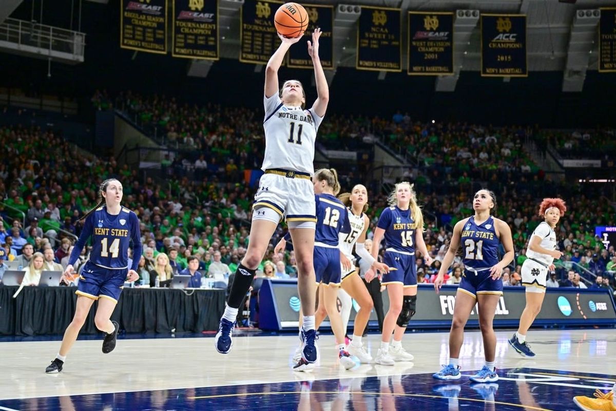 Mar 23, 2024; South Bend, Indiana, USA; Notre Dame Fighting Irish guard Sonia Citron (11) goes up for a shot in the second half against the Kent State Golden Flashes at the Purcell Pavilion.