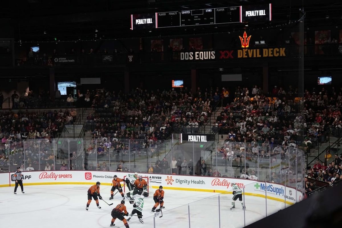 Nov 3, 2022; Tempe, Arizona, USA; A general view of game action between the Arizona Coyotes and the Dallas Stars during the second period at Mullett Arena.