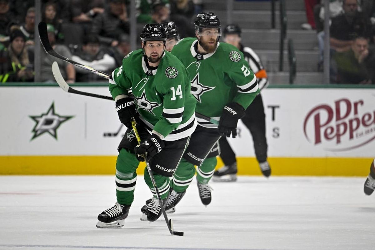 Nov 14, 2023; Dallas, Texas, USA; Dallas Stars left wing Jamie Benn (14) in action during the game between the Dallas Stars and the Arizona Coyotes at the American Airlines Center.