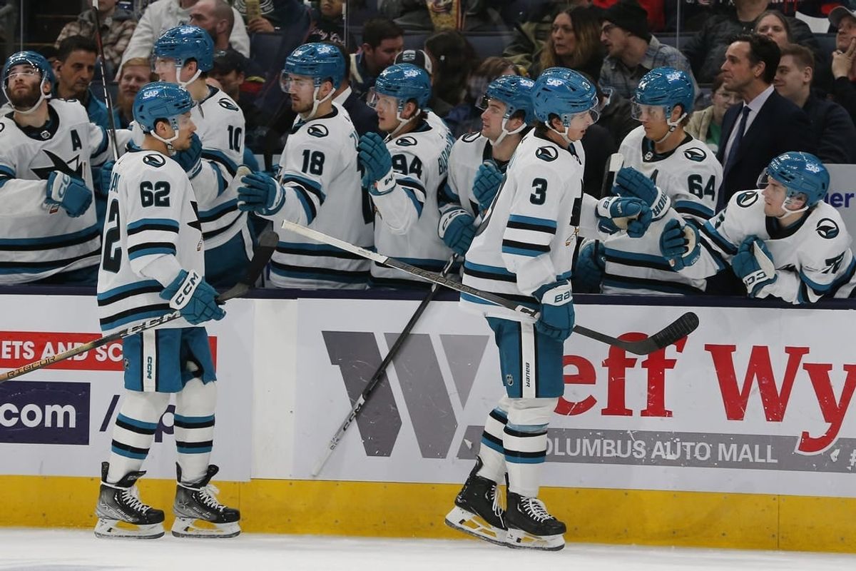 Mar 16, 2024; Columbus, Ohio, USA; San Jose Sharks defenseman Henry Thrun (3) celebrates his goal against the Columbus Blue Jackets during the third period at Nationwide Arena.