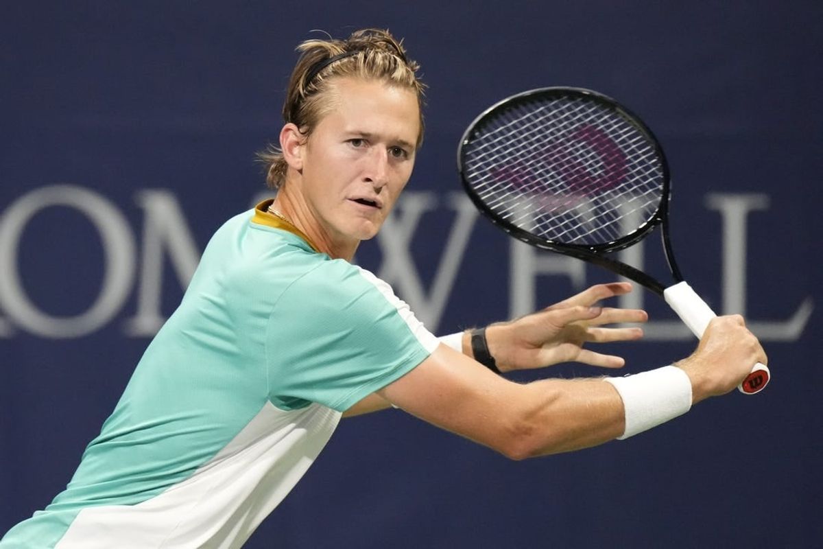 Aug 9, 2023; Toronto, Ontario, Canada; Sebastian Korda (USA) chases a ball hit by Aleksandar Vukic (not pictured) at Sobeys Stadium.