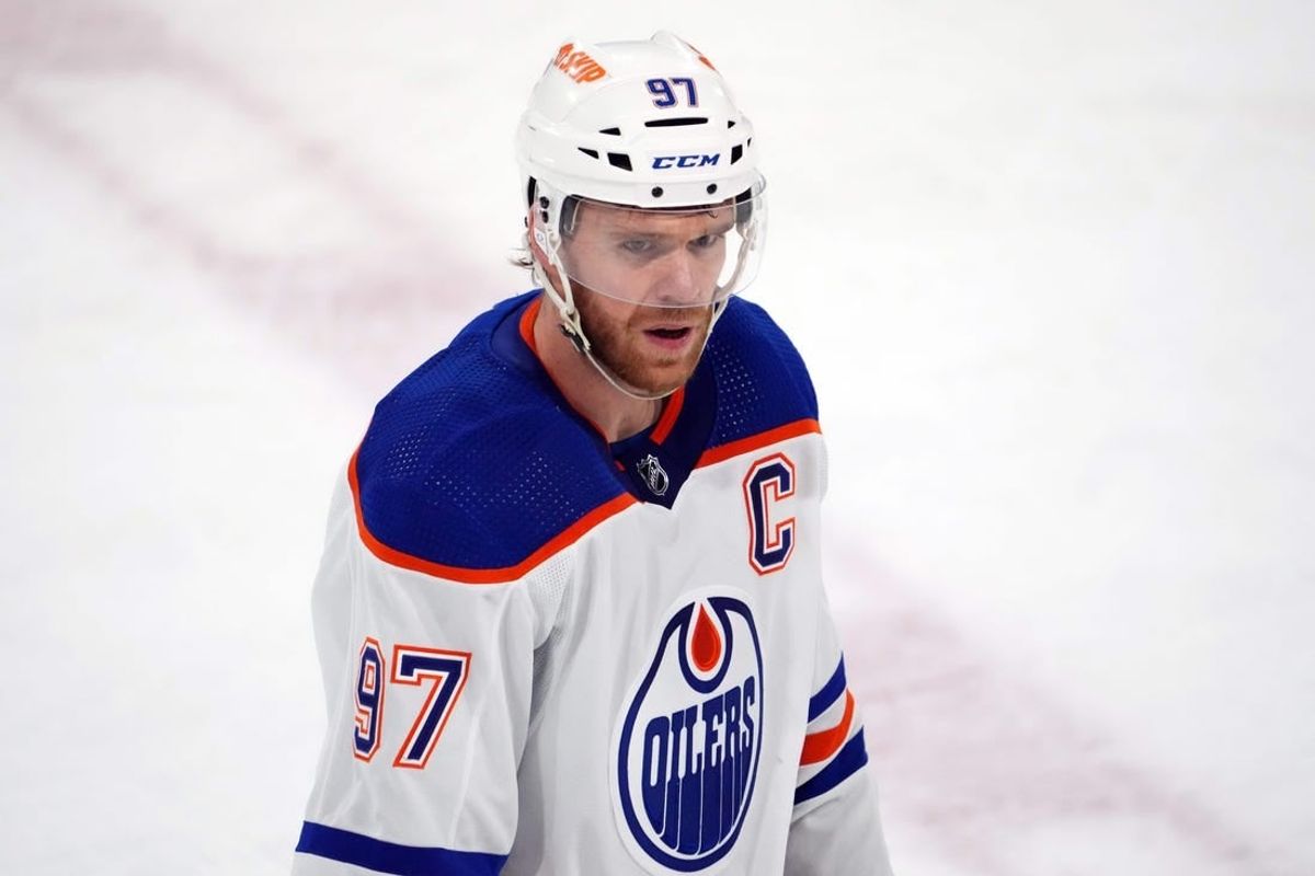 Feb 19, 2024; Tempe, Arizona, USA; Edmonton Oilers center Connor McDavid (97) skates against the Arizona Coyotes during the first period at Mullett Arena.
