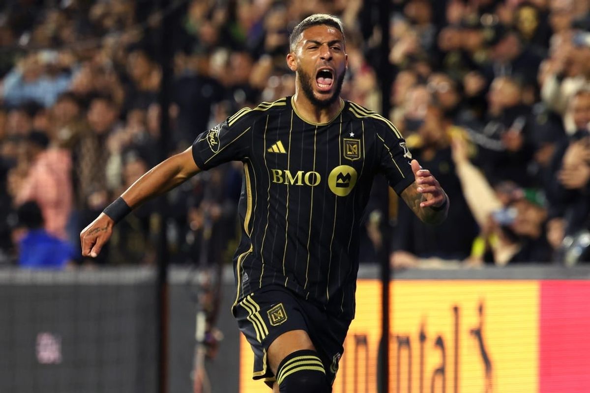 Mar 23, 2024; Los Angeles, California, USA; LAFC forward Denis Bouanga (99) celebrates his goal against Nashville SC during the first half at BMO Stadium.