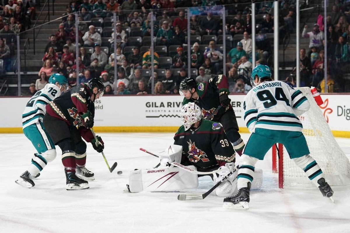 Dec 15, 2023; Tempe, Arizona, USA; Arizona Coyotes goaltender Connor Ingram (39) makes a save against the San Jose Sharks during the first period at Mullett Arena.