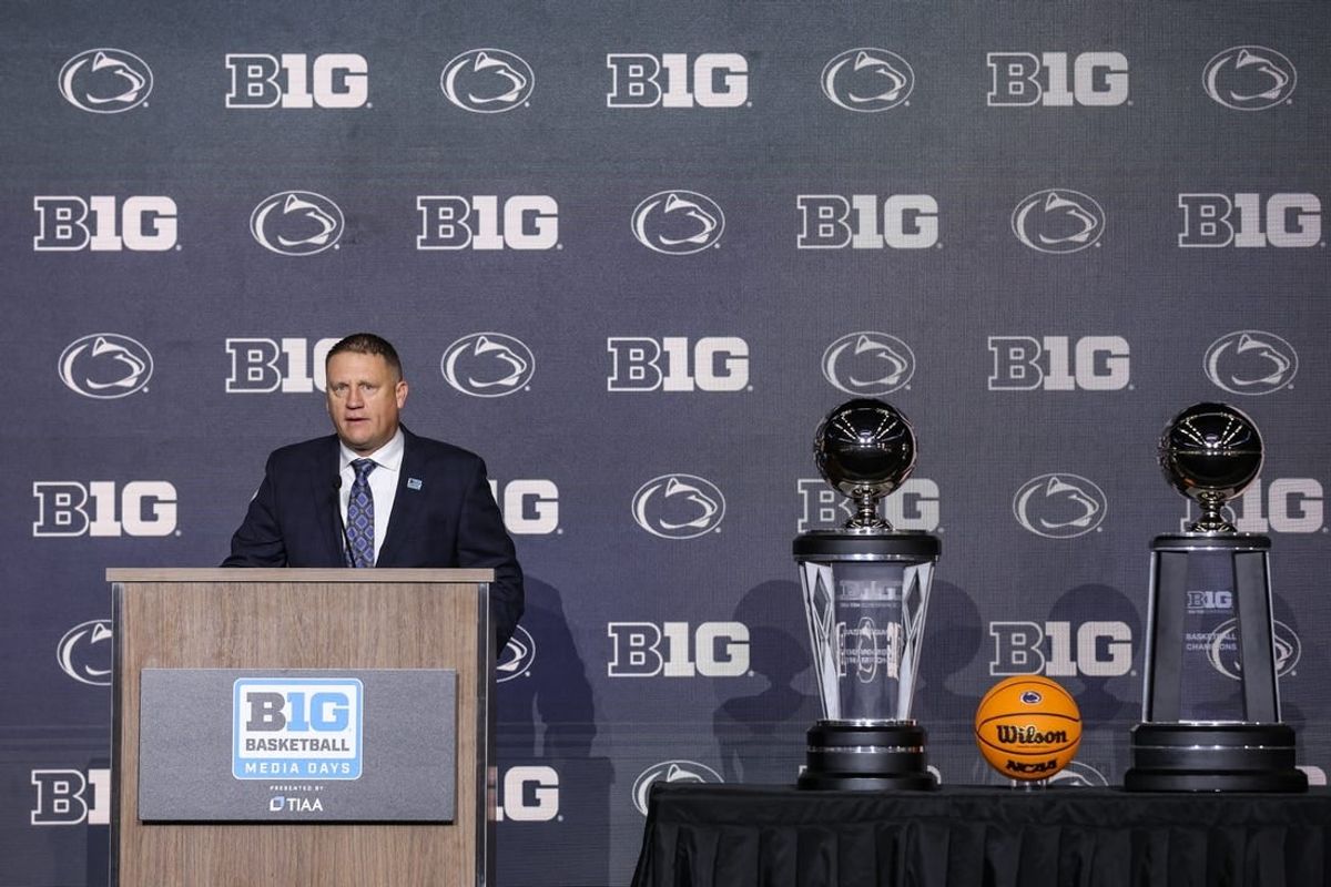 Oct 10, 2023; Minneapolis, MN, USA; Penn State Nittany Lions head coach Mike Rhoades speaks to the media during the Big Ten basketball media days at Target Center.