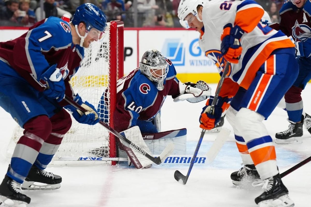 Jan 2, 2024; Denver, Colorado, USA; Colorado Avalanche goaltender Alexandar Georgiev (40) defends the net in the first period against the New York Islanders at Ball Arena.