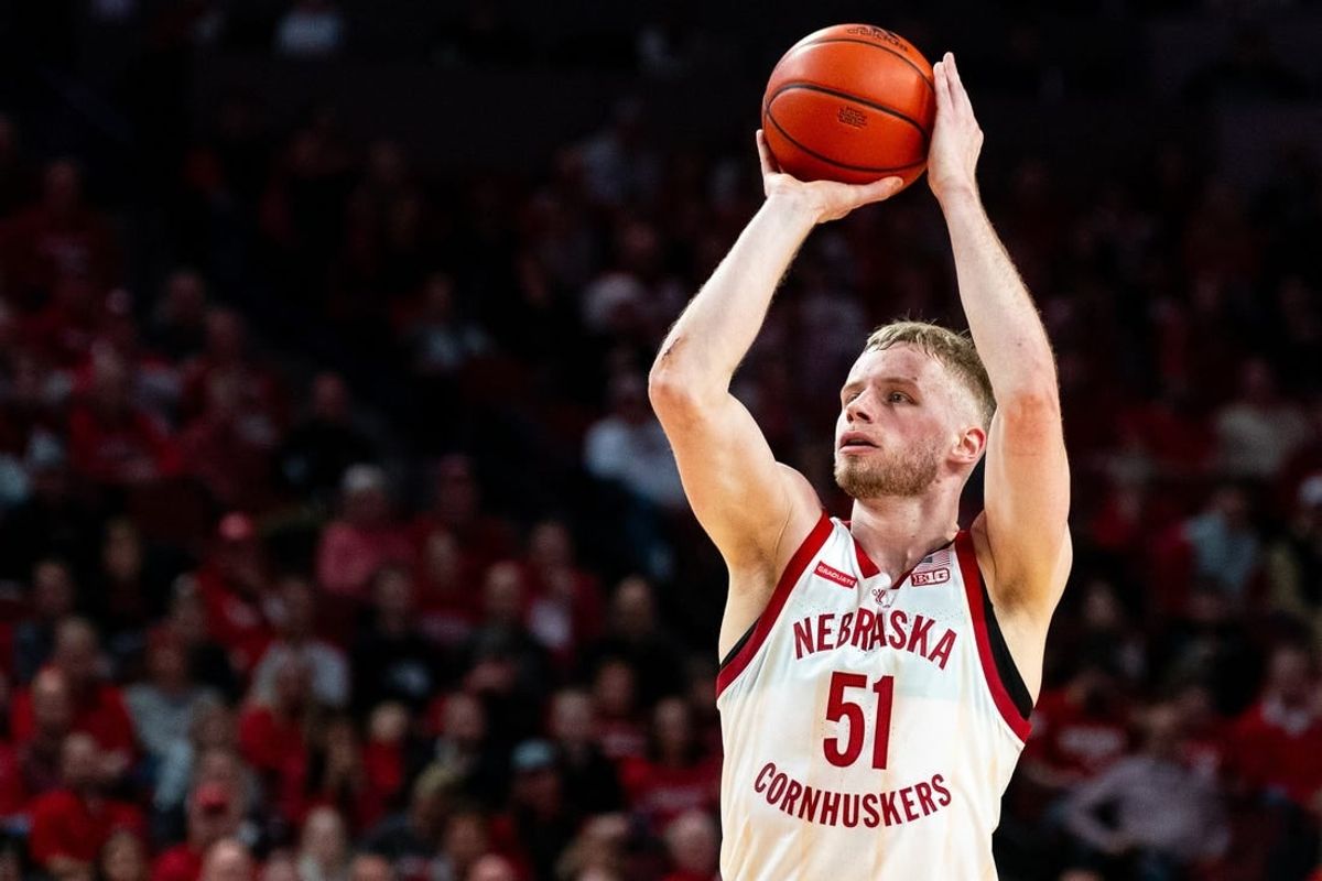 Jan 23, 2024; Lincoln, Nebraska, USA; Nebraska Cornhuskers forward Rienk Mast (51) shoots a 3-point shot against the Ohio State Buckeyes during the first half at Pinnacle Bank Arena.