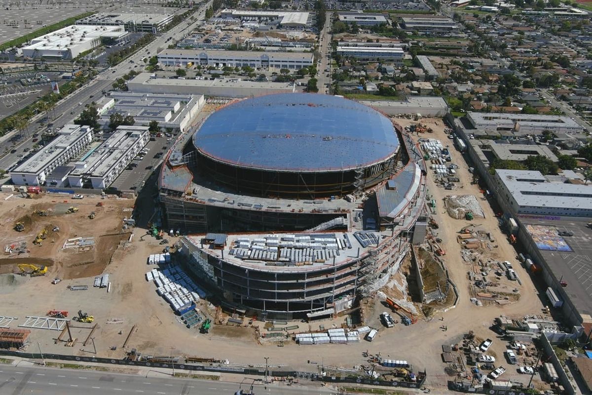 Mar 7, 2023; Inglewood CA, USA; A general overall aerial view of the Intuit Dome construction site. The arena, the future home of the LA Clippers, is scheduled to be completed in 2024.