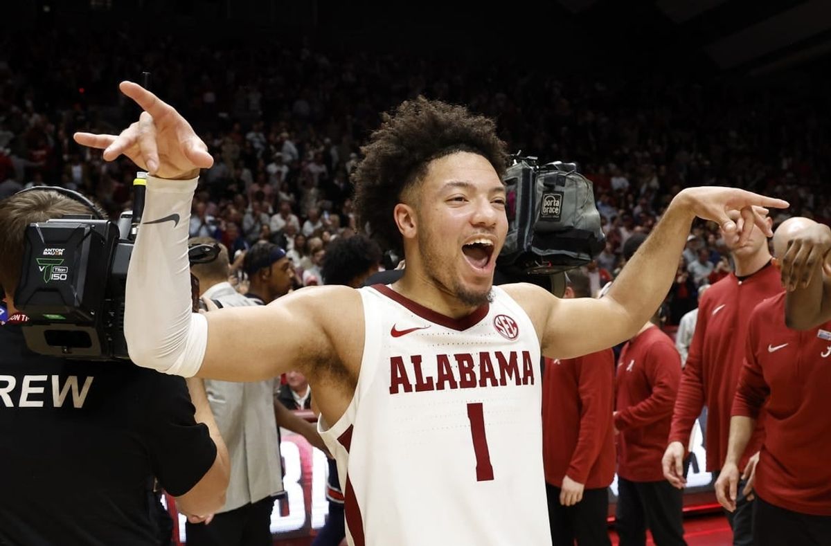 Jan 24, 2024; Tuscaloosa, Alabama, USA; Alabama Crimson Tide guard Mark Sears (1) celebrates the victory over the Auburn Tigers during the second half at Coleman Coliseum.