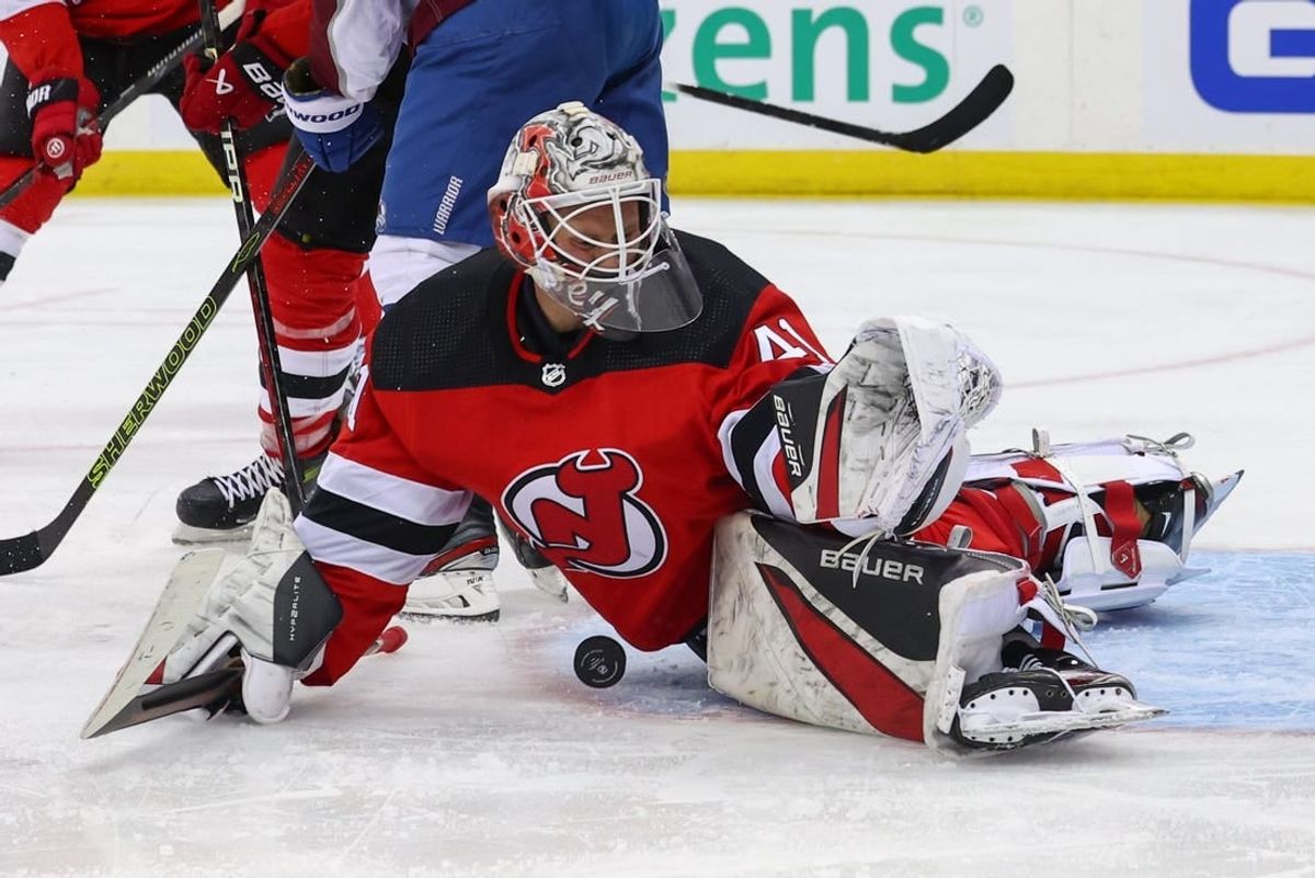 Feb 6, 2024; Newark, New Jersey, USA; New Jersey Devils goaltender Vitek Vanecek (41) makes a save against the Colorado Avalanche during the third period at Prudential Center.
