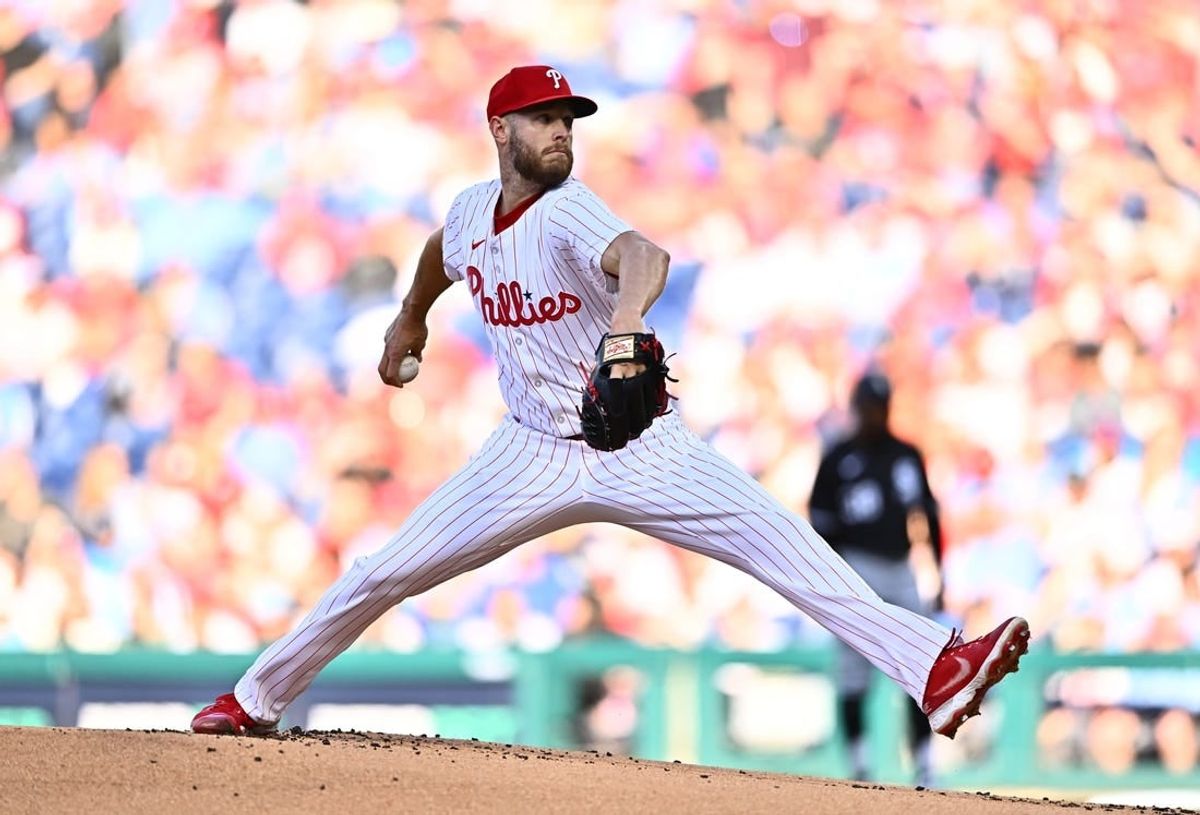 Apr 20, 2024; Philadelphia, Pennsylvania, USA; Philadelphia Phillies starting pitcher Zack Wheeler (45) throws a pitch against the Chicago White Sox in the first inning at Citizens Bank Park.
