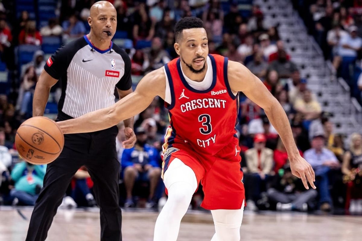 Mar 16, 2024; New Orleans, Louisiana, USA;  New Orleans Pelicans guard CJ McCollum (3) passes the ball against the Portland Trail Blazers during the second half at Smoothie King Center.