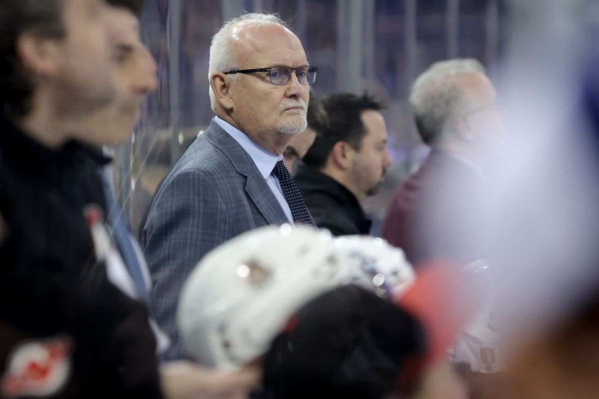 Apr 24, 2023; New York, New York, USA; New Jersey Devils head coach Lindy Ruff coaches against the New York Rangers during the second period in game four of the first round of the 2023 Stanley Cup Playoffs at Madison Square Garden.