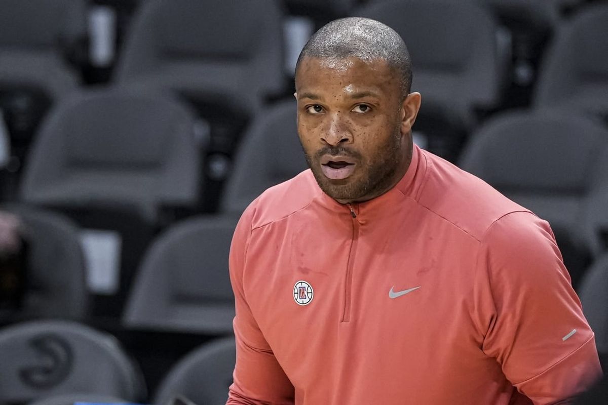 Feb 5, 2024; Atlanta, Georgia, USA; LA Clippers forward P.J. Tucker (17) shown on the court prior to the game against the Atlanta Hawks at State Farm Arena.
