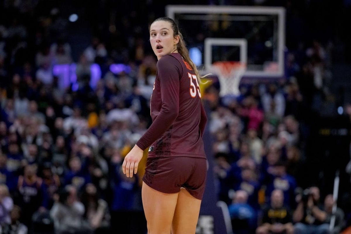 Nov 30, 2023; Baton Rouge, Louisiana, USA; Virginia Tech Hokies center Elizabeth Kitley (33) turns as she leaves the court after fouling out against the LSU Lady Tigers during the second half at Pete Maravich Assembly Center.