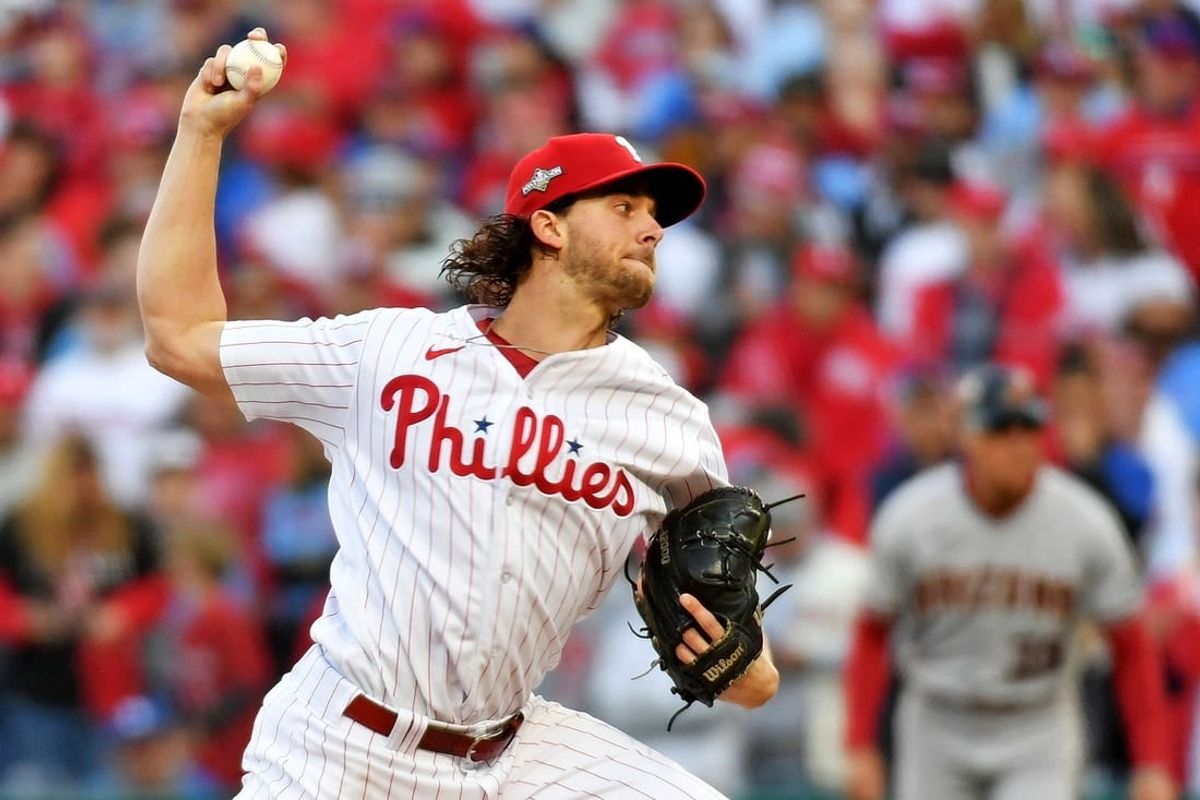 Oct 23, 2023; Philadelphia, Pennsylvania, USA; Philadelphia Phillies starting pitcher Aaron Nola (27) pitches during the first inning against the Arizona Diamondbacks in game six of the NLCS for the 2023 MLB playoffs at Citizens Bank Park.