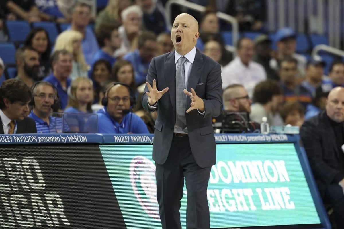 Nov 6, 2023; Los Angeles, California, USA;  UCLA Bruins head coach Mick Cronin reacts to a play during the second half against the St. Francis (Pa) Red Flash at Pauley Pavilion presented by Wescom.
