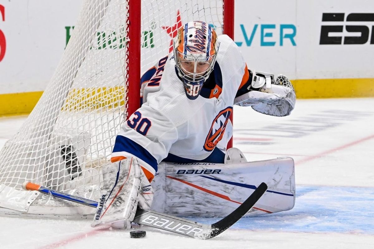 Mar 19, 2024; Elmont, New York, USA; New York Islanders goaltender Ilya Sorokin (30) makes a save against the Carolina Hurricanes during the third period at UBS Arena.