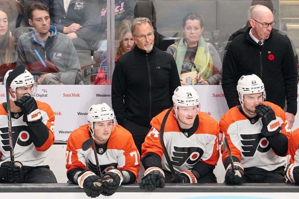 Nov 7, 2023; San Jose, California, USA; Philadelphia Flyers head coach John Tortorella watches the play against the San Jose Sharks from the bench during the third period at SAP Center at San Jose.