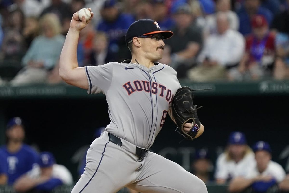 Apr 6, 2024; Arlington, Texas, USA; Houston Astros starting pitcher J.P. France (68) delivers to the plate during the first inning against the Texas Rangers at Globe Life Field.