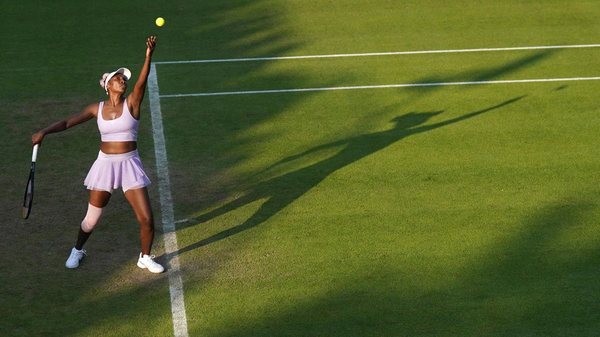 Venus Williams serves against Jelena Ostapenko on day four of the Rothesay Classic Birmingham