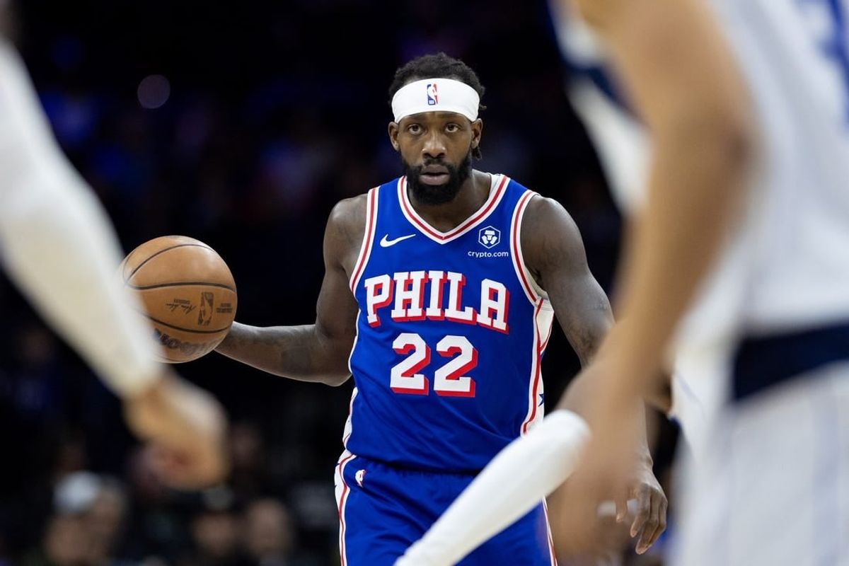 Feb 5, 2024; Philadelphia, Pennsylvania, USA; Philadelphia 76ers guard Patrick Beverley (22) dribbles the ball against the Dallas Mavericks during the fourth quarter at Wells Fargo Center.