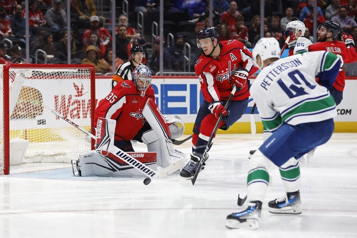 Feb 11, 2024; Washington, District of Columbia, USA; Washington Capitals goaltender Darcy Kuemper (35) makes a save on Vancouver Canucks center Elias Pettersson (40) in the second period at Capital One Arena.