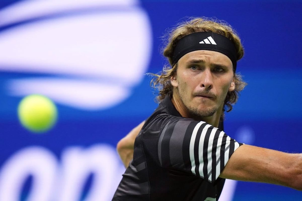 Sep 6, 2023; Flushing, NY, USA; Alexander Zverev of Germany hits to Carlos Alcaraz of Spain on day ten of the 2023 U.S. Open tennis tournament at USTA Billie Jean King National Tennis Center.