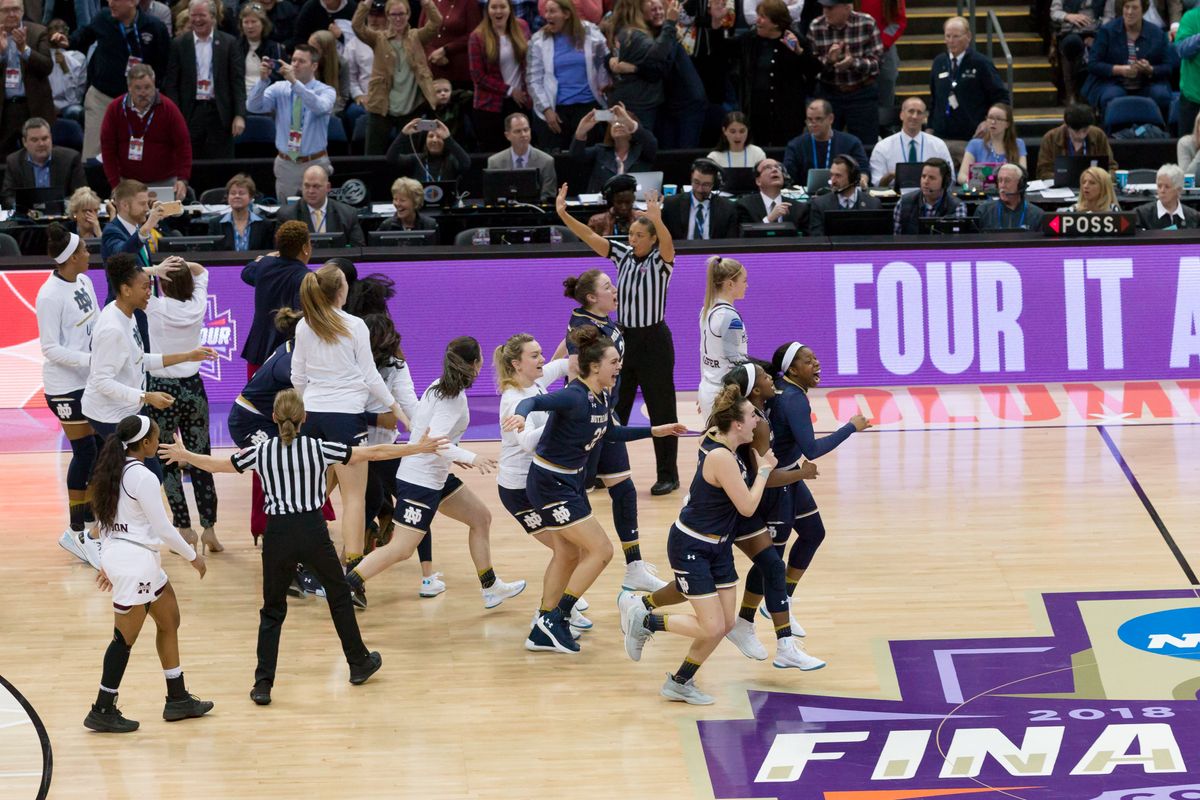 Notre Dame Fighting Irish guard Arike Ogunbowale and teammates celebrate after winning the National Championship game between the Mississippi State Lady Bulldogs and the Notre Dame Fighting Irish on April 1, 2018.