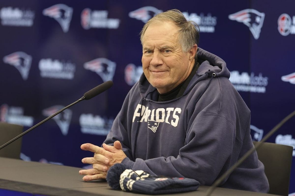 Nov 10, 2023; Frankfurt, Germany;  New England Patriots head coach Bill Belichick speaks to the media before an NFL International Series practice at the Deutcher Fussball-Bund facility.