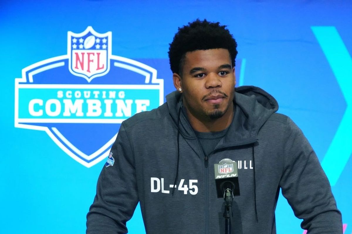 Feb 28, 2024; Indianapolis, IN, USA; Penn State defensive lineman Chop Robinson (DL45) speaks at a press conference at the NFL Scouting Combine at Indiana Convention Center.