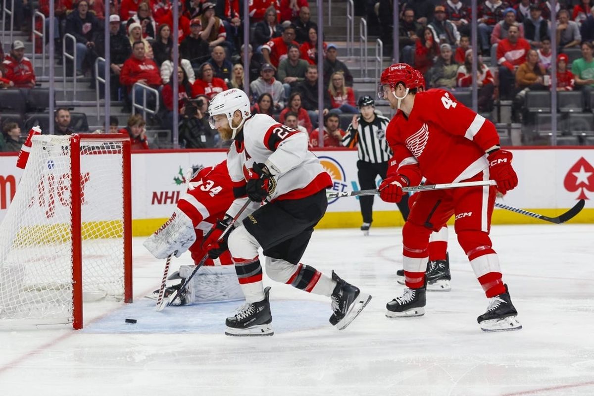 Dec 9, 2023; Detroit, Michigan, USA; Ottawa Senators right wing Claude Giroux (28) scores a goal during the first period at Little Caesars Arena.