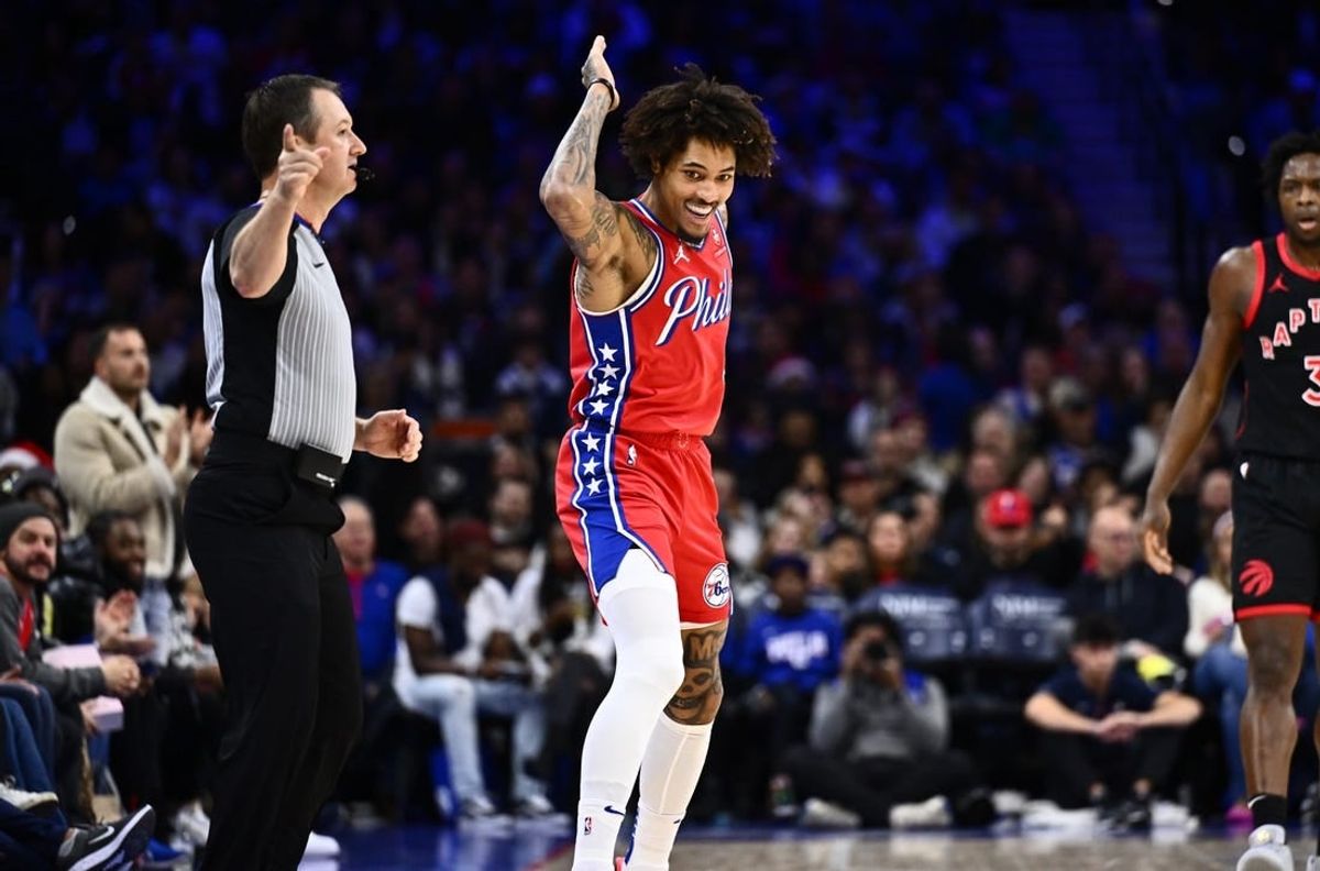 Dec 22, 2023; Philadelphia, Pennsylvania, USA; Philadelphia 76ers guard Kelly Oubre Jr (9) reacts against the Toronto Raptors in the second quarter at Wells Fargo Center.