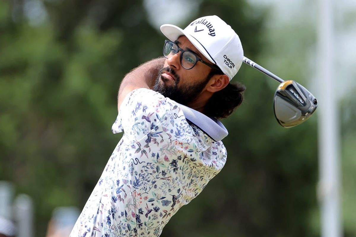 Apr 6, 2024; San Antonio, Texas, USA; Akshay Bhatia hits a tee shot at the 10th hole during the third round of the Valero Texas Open golf tournament.