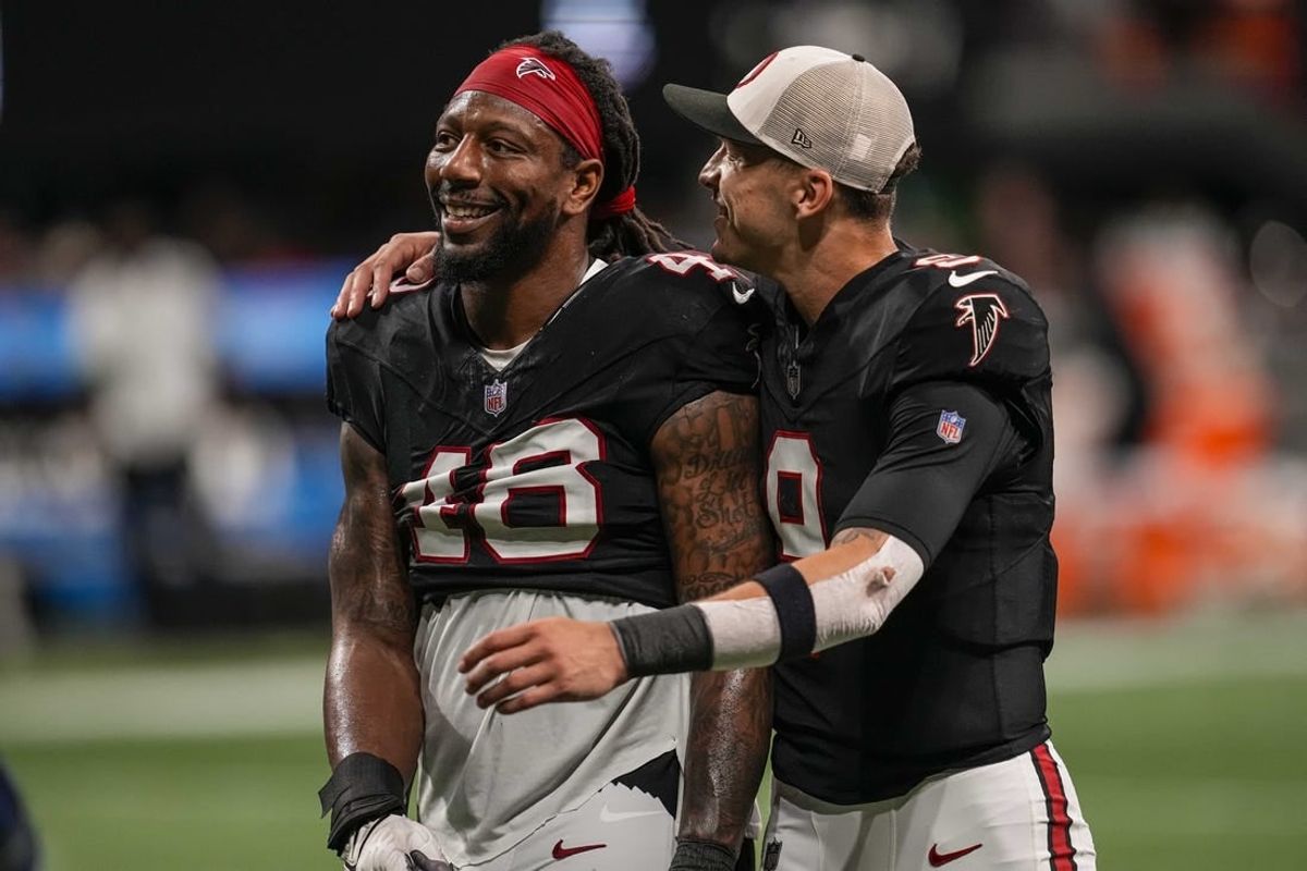 Nov 26, 2023; Atlanta, Georgia, USA; Atlanta Falcons linebacker Bud Dupree (48) and quarterback Desmond Ridder (9) react after defeating the New Orleans Saints at Mercedes-Benz Stadium.