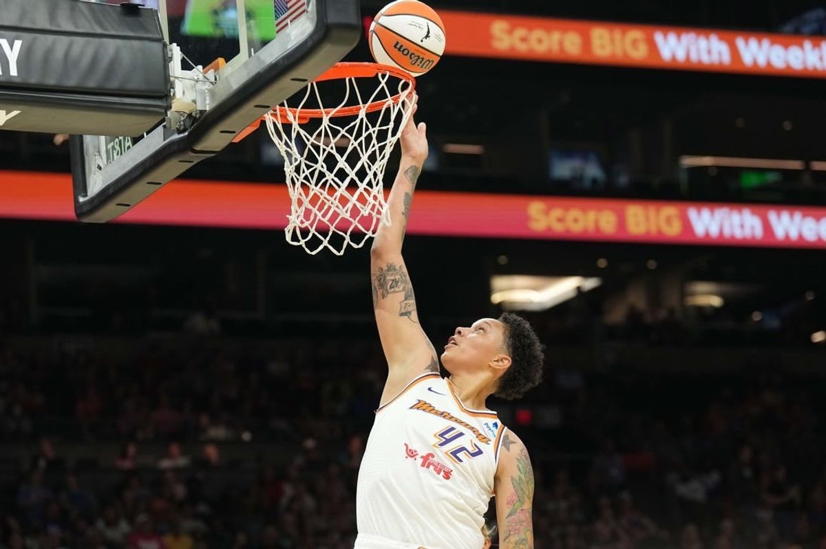 Aug 5, 2023; Phoenix, Arizona, USA; Phoenix Mercury center Brittney Griner (42) puts up a layup against the Seattle Storm during the first half at Footprint Center.