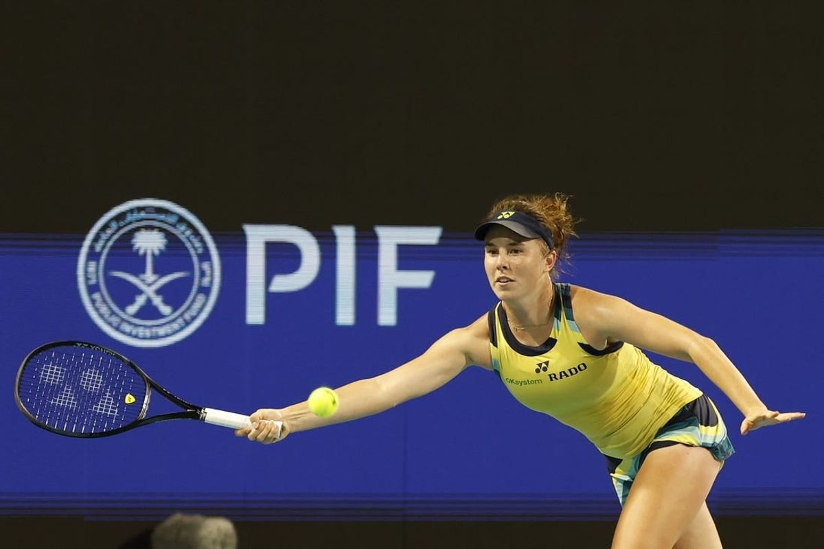 Mar 24, 2024; Miami Gardens, FL, USA; Linda Noskova (CZE) reaches for a forehand against Iga Swiatek (POL) (not pictured) on day seven of the Miami Open at Hard Rock Stadium.